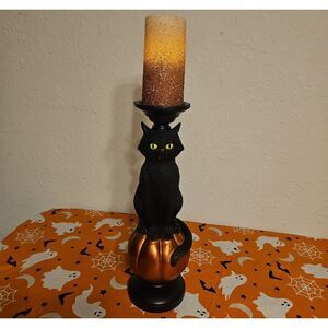 Halloween Black Cat & Pumpkin Figural Candle Pillar with Flameless Candle